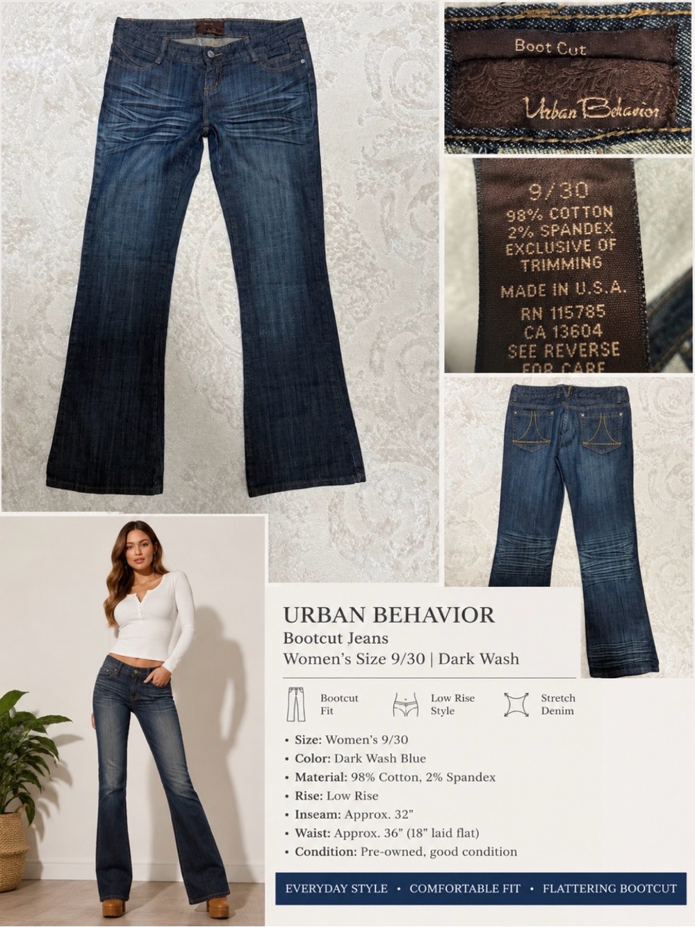 Urban Behavior Bootcut Jeans Women’s 9/30 Dark Wash Low Rise Stretch Denim